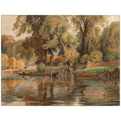 A Wooded River Landscape with Punts and Haystacks Beyond